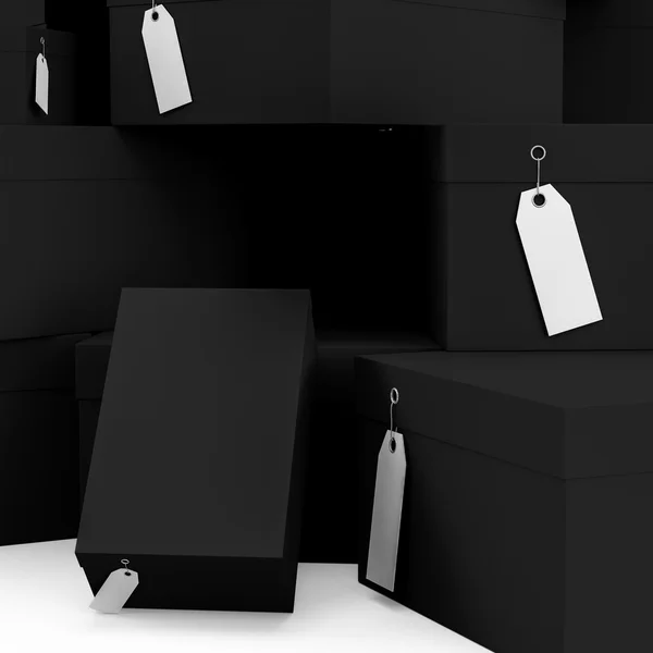 Schwarze Geschenkboxen mit Preisschild leer. 3D-Darstellung, 3D-Illustration. — Stockfoto