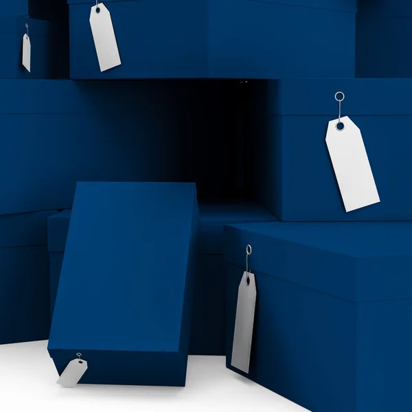 Dunkelblaue Geschenkboxen mit Preisschild leer. 3D-Darstellung, 3D-Illustration. — Stockfoto