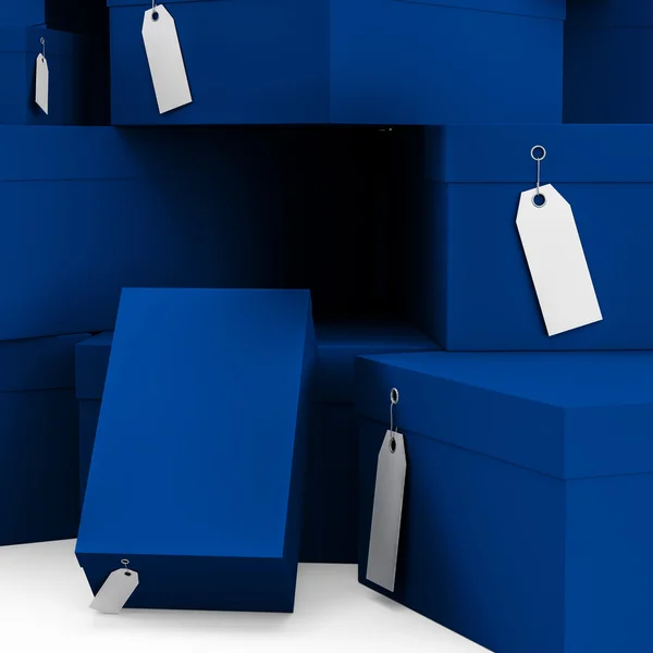 Τα μεσάνυχτα μπλε κουτιά δώρων με κενή ετικέττα τιμών. απόδοσης 3D, 3d απεικόνιση. — Φωτογραφία Αρχείου