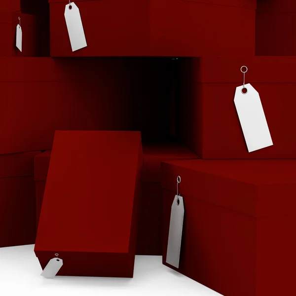 Bordo-Geschenkboxen mit Preisschild leer. 3D-Darstellung, 3D-Illustration. — Stockfoto