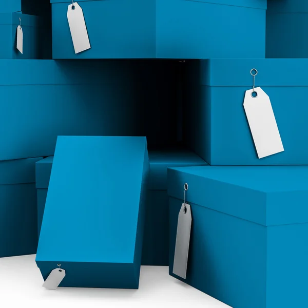 Dunkelstahlblaue Geschenkboxen mit Preisschild leer. 3D-Darstellung, 3D-Illustration. — Stockfoto
