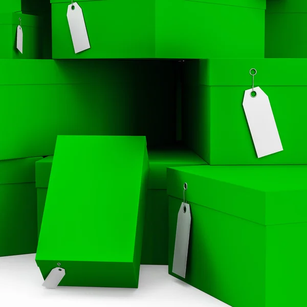 Grüne Geschenkboxen mit Preisschild leer. 3D-Darstellung, 3D-Illustration. — Stockfoto