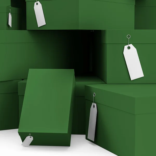 Dunkelgrüne Geschenkboxen mit Preisschild leer. 3D-Darstellung, 3D-Illustration. — Stockfoto