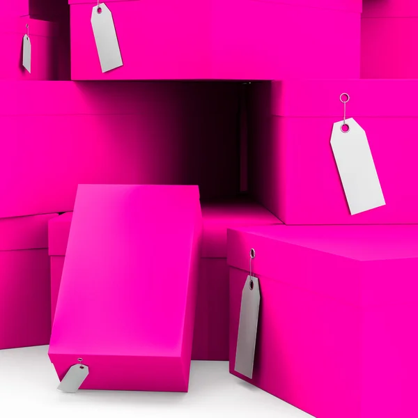 Tiefrosa Geschenkboxen mit Preisschild leer. 3D-Darstellung, 3D-Illustration. — Stockfoto