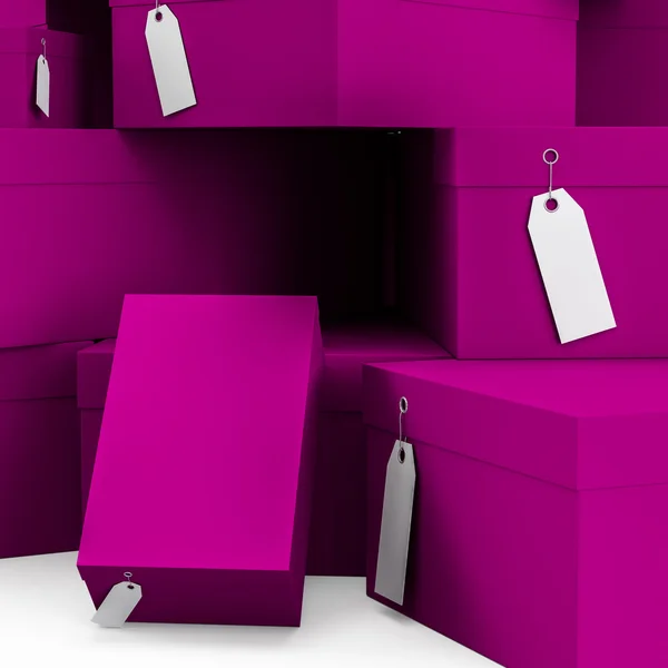 Lila Geschenkboxen mit Preisschild leer. 3D-Darstellung, 3D-Illustration. — Stockfoto