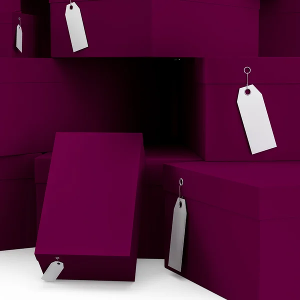 Scatole regalo viola con cartellino del prezzo vuoto. Rendering 3D, Illustrazione 3D . — Foto Stock