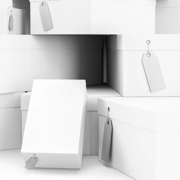 Weiße Geschenkboxen mit Preisschild leer. 3D-Darstellung, 3D-Illustration. — Stockfoto
