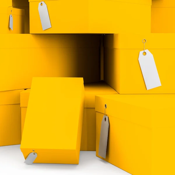 Gelb orangefarbene Geschenkboxen mit Preisschild leer. 3D-Darstellung, 3D-Illustration. — Stockfoto