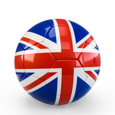 Futbol topu beyaz arka plan üzerinde izole İngiltere İngiltere İngilizce İngiliz Britannia bayrak doku kaplı. 3D render, 3d çizim.