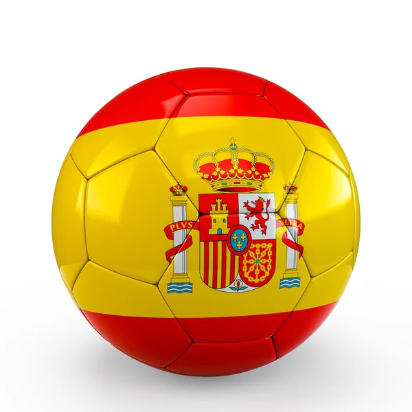 Pelota de fútbol cubierta con textura de bandera española aislada sobre fondo blanco. Representación 3D, Ilustración 3D . — Foto de Stock