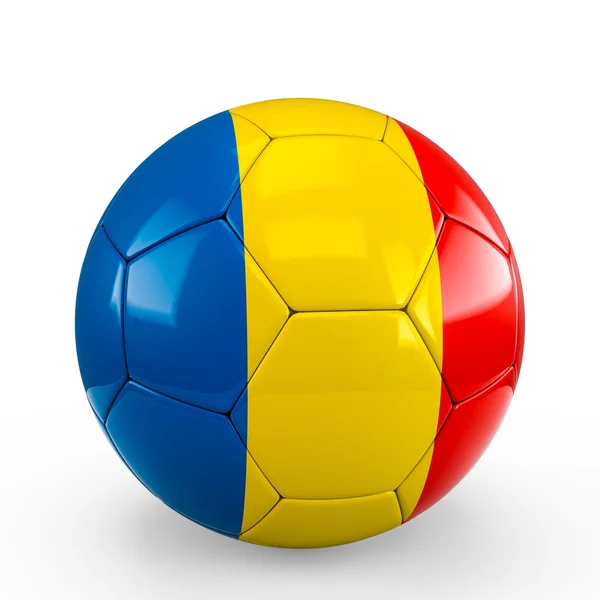 Voetbal bedekt met Roemenië Roemeense Tsjaad Tsjadische vlag textuur geïsoleerd op een witte achtergrond. 3D-rendering, 3d illustratie. — Stockfoto