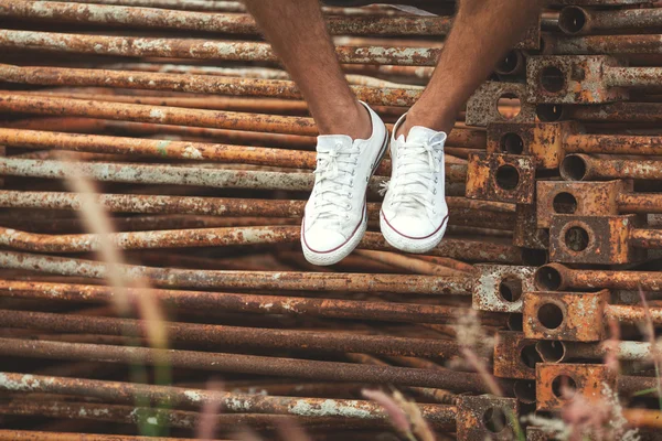 Trendy hipster white sneakers fit in style photos — Stock Photo, Image