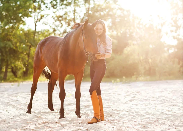 Krásná žena a kůň — Stock fotografie