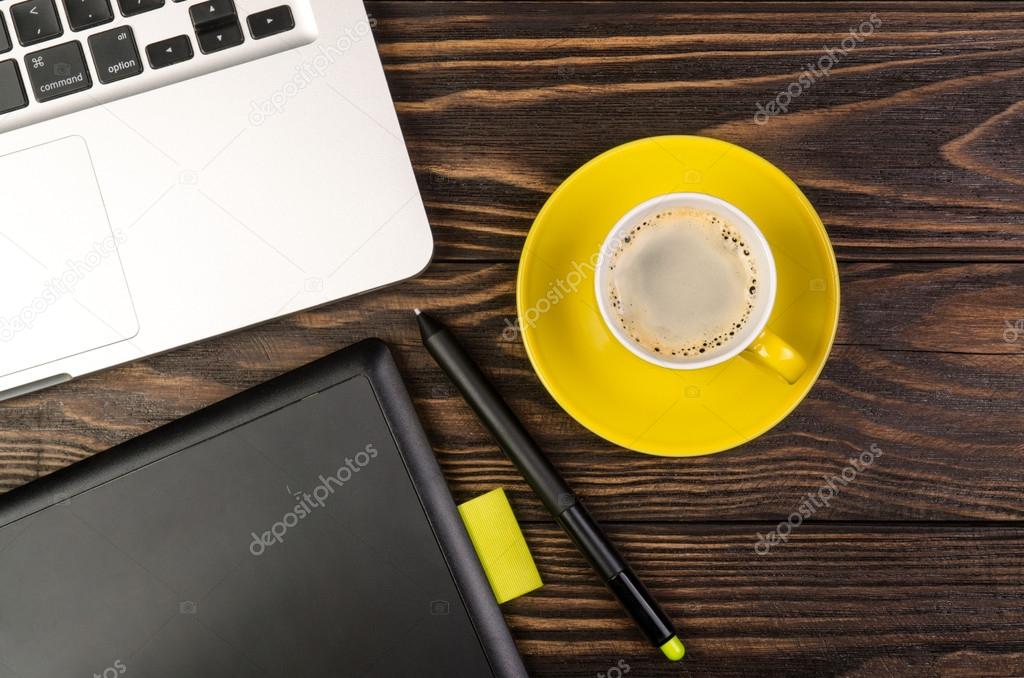 Computer, Graphic Tablet and Cup Coffee