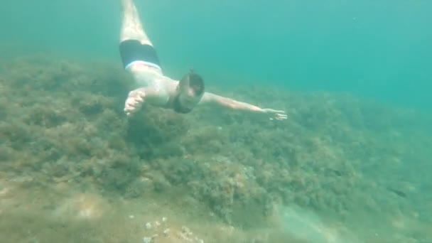 Barbudo caucásico macho freediver sin equipo submarino bucea bajo el agua y mira a la cámara entrecerrando los ojos — Vídeo de stock