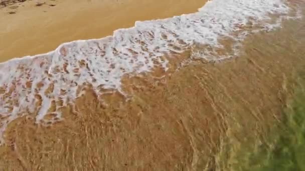 Vista aérea primer plano vuelo bajo sobre las olas del mar rodando en la costa de arena dorada. Calma surf detrás de la playa de conchas marinas — Vídeos de Stock