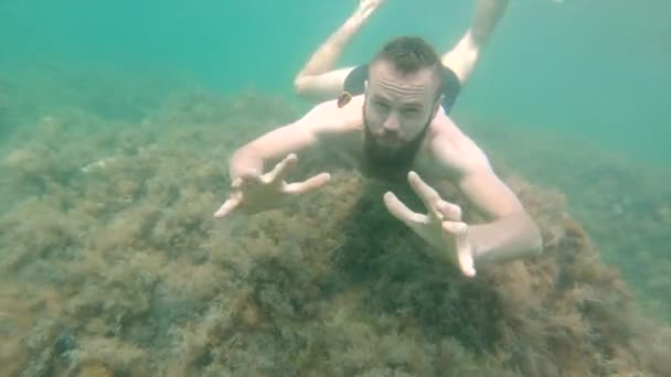 Szakállas kaukázusi férfi szabadúszó víz alatti felszerelés nélkül merül a víz alá, és nézi a kamera shchuryasi mutatja a namaste gesztus — Stock videók