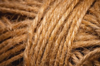 Doğal halat ipliği, arka plan dokusu yakın plan. Kırsal tarzda dağınık lifler.