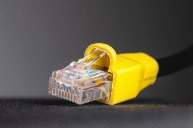 Gri arkaplandaki RJ45 şebeke fişi. Ethernet tıpası 100 fit