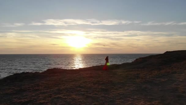 Vista aérea de una joven hermosa mujer en un largo vestido rojo en una roca de montaña mirando al mar, una joven con un vestido rojo con el pelo revoloteando en el viento en el mar en la roca — Vídeos de Stock