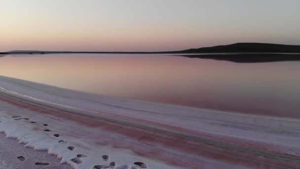 Havadan aşağıya doğru eğilmiş Pembe Tuz Gölü alçak anahtarı. Sinematik film tahılları. Akşam çekimi. — Stok video