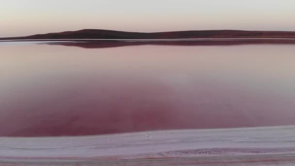 Luchtfoto Gekanteld neerwaarts schot Pink Salt Lake low key. Filmgraan. Avondschot — Stockvideo