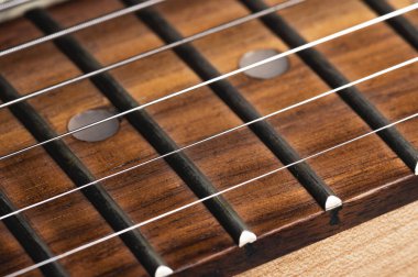 Elektro gitar telleri yakın plan. Müzik makro arkaplanı