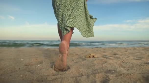 Nogi młodej kobiety w zwolnionym tempie chodzącej boso po plaży. Pozostawienie śladów na piasku Turysta na wakacjach nad morzem. Kobieta w pięknej, trzepoczącej sukience na wietrze — Wideo stockowe