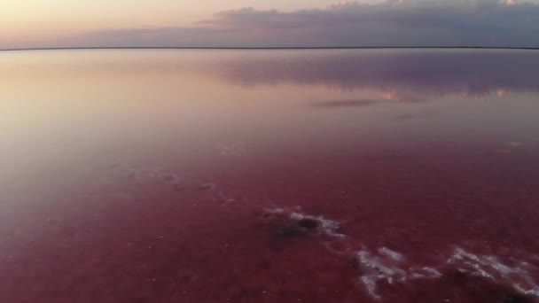 Αεροφωτογραφία Tilted down shot Pink Salt Lake low key. Κινηματογραφικός κόκκος. Απογευματινή λήψη — Αρχείο Βίντεο