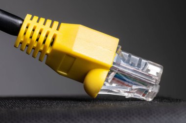 Gri arkaplandaki RJ45 şebeke fişi. Ethernet tıpası 100 fit