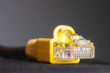 Gri arkaplandaki RJ45 şebeke fişi. Ethernet tıpası 100 fit