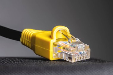 Gri arkaplandaki RJ45 şebeke fişi. Ethernet tıpası 100 fit