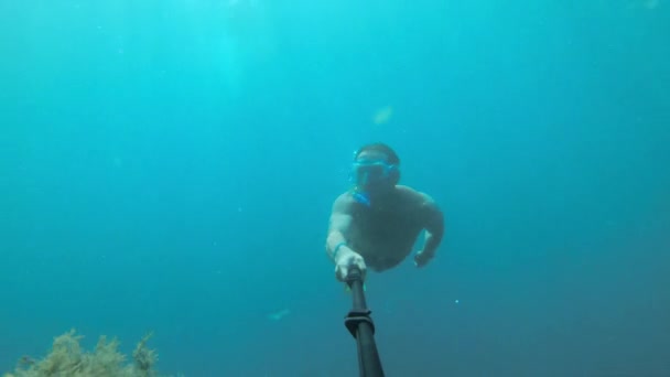 Sportovní mladý muž v masce a šnorchlu s ploutvemi a hlubokými ponory plave pod vodou. — Stock video