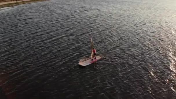 Vista aérea de una joven deportiva aprendiendo a pilotar una tabla de windsurf. Entrenamiento al atardecer. Tecla baja — Vídeo de stock