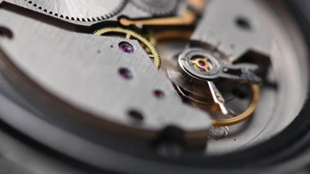 Mécanisme d'engrenage de travail d'une vieille montre-bracelet en macro. Gros plan — Video