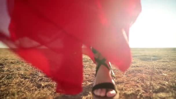 Close-up pernas femininas Slender em sandálias em um vestido transparente solto vermelho que flutua no vento em ondas vai na grama seca na natureza. Movimento lento de ângulo baixo. Backlight com brilho — Vídeo de Stock