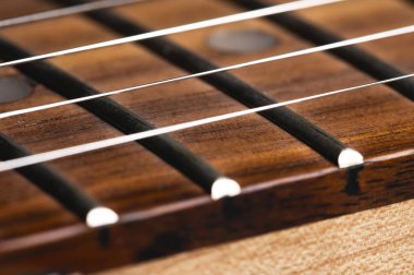 Tahta perdeleri ve telleri olan elektro gitar boynunun yakın çekimi. Müzik arkaplanı