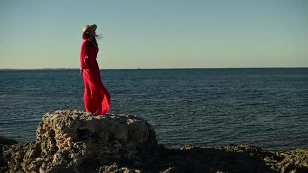 Молодая женщина, подарившая стройную привлекательную белую женщину в красном платье, развевающемся на ветру, стоит на скале у берега моря и смотрит вдаль. Медленное движение. Спокойствие и спокойствие — стоковое видео