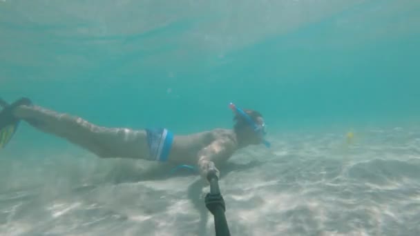 A sporty young man in a mask and snorkel with fins and deep dives swims under water. — Stock Video