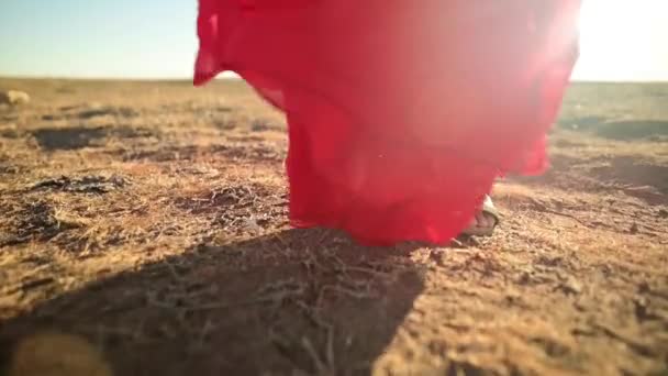 Primer plano femenino piernas delgadas en sandalias en un vestido rojo suelto transparente que revolotea en el viento en las olas va sobre hierba seca en la naturaleza. Bajo ángulo de cámara lenta. Retroiluminación con deslumbramiento — Vídeos de Stock