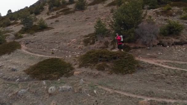 Veduta aerea di un giovane con un cappello, occhiali da sole, pantaloncini con uno zaino sulle spalle, passeggiate in montagna lungo una scala. Chiama lo spettatore per andare con lui — Video Stock