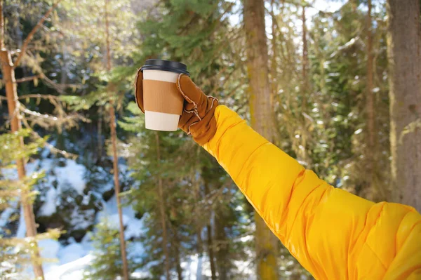 Paper cup with a black lid in the hands of a woman in mittens — Stock Photo, Image