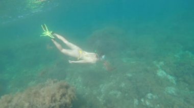 Şnorkelli, güzel beyaz kadın saydam deniz suyunda yüzüyor. Freediver şnorkel ve yüzgeçlerle şnorkelle yüzüyor.