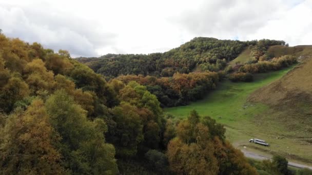 Luchtfoto van de herfst natuur van het bergachtige gebied met vergeelde bomen ergens in de kloof met een voorstedelijke landelijke asfaltweg — Stockvideo