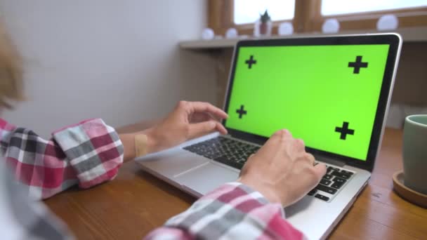 Mulher usando laptop com tela verde. Negócio, comunicação, freelance e conceito de internet. Trabalhando em um laptop em casa — Vídeo de Stock