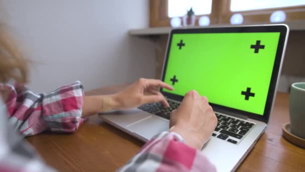 Femme utilisant un ordinateur portable avec écran vert. Business, communication, freelance et concept internet. Travailler dans un ordinateur portable à la maison — Video