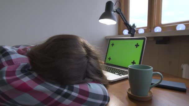 Kaukasiska unga kvinna frilansare utmattad av hårt arbete dam sover på hemmakontoret. Arbete på natten på grund av överbelastning hemma, på distans — Stockvideo