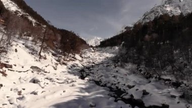 Karla kaplı kıyı dağı nehir akıntısı üzerindeki hava manzarası. Doğanın kış manzarası, hiç kimse. Buz gibi karlı dağ ormanlarının doğal güzelliği. Çam ağaçları dağları Alpler, İtalya, Avrupa