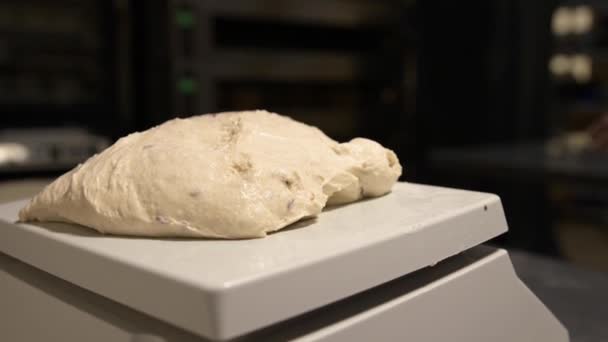 Primer plano de pesar la masa antes de hornear el pan. Panadería artesanal. Trabajo profesional rápido de panaderos — Vídeo de stock