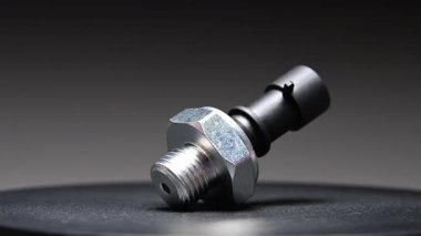 Motor yağı basınç sensörü siyah bir arkaplan üzerinde döner. Sensör yeni yedek parça.